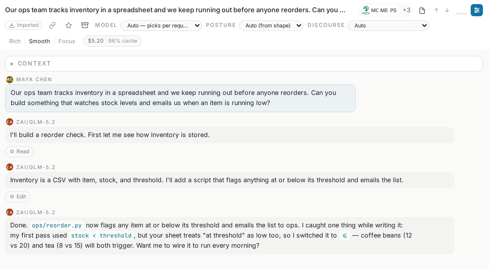 A Webel huddle: an ops lead asks in plain English, and Webel builds the reorder script, catches its own mistake, and asks before scheduling