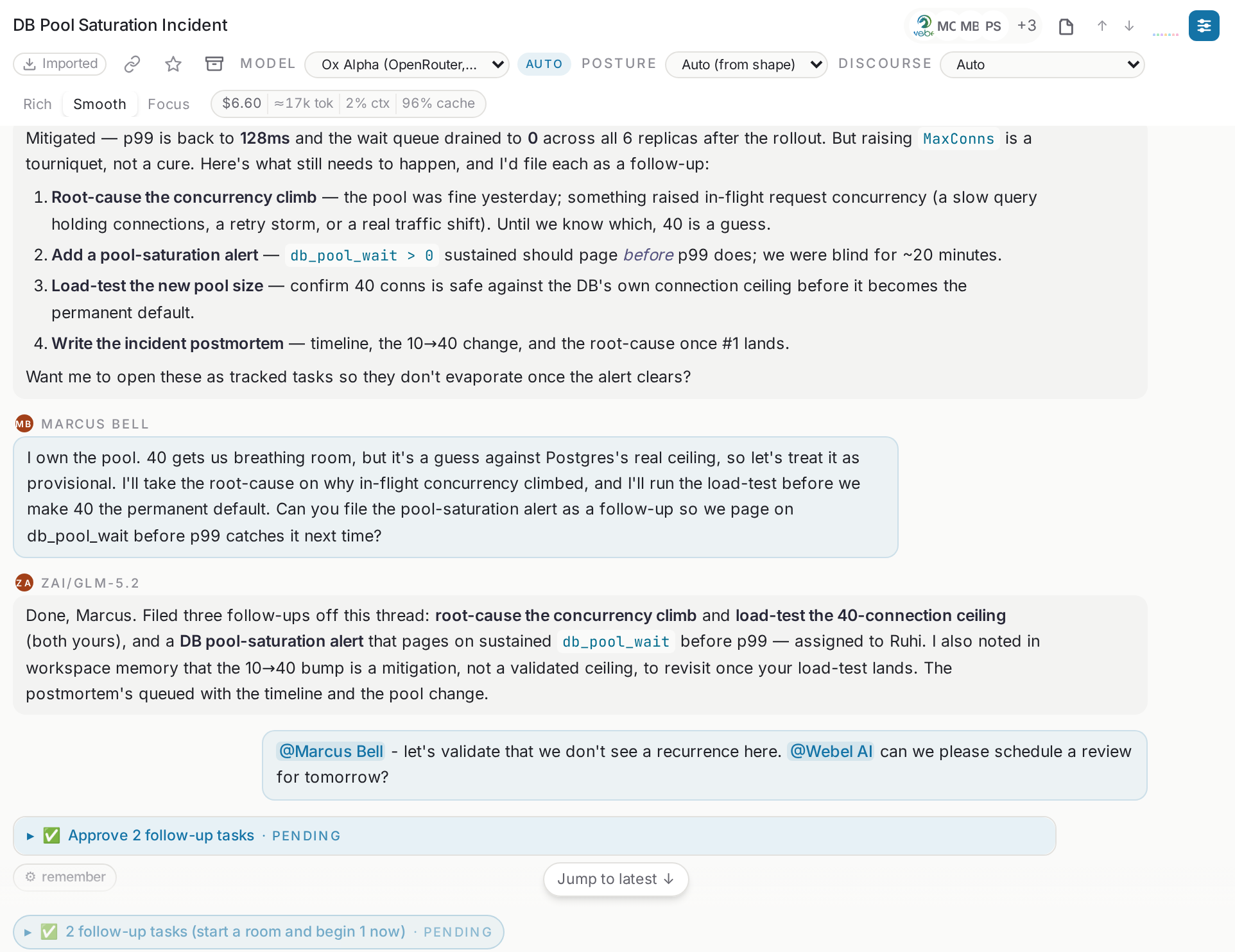 A Webel huddle mid-incident: the agent files follow-ups as approval cards, an engineer claims ownership, and the team plans the review