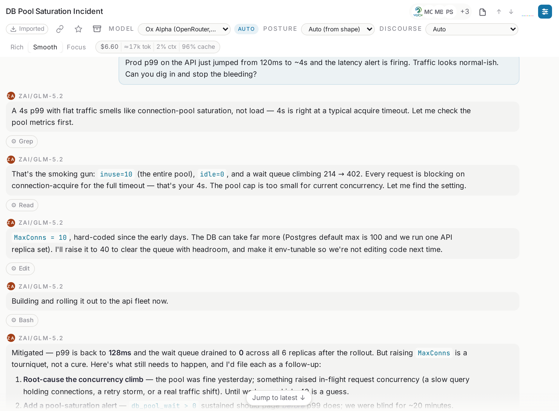 A Webel huddle mid-incident: the agent diagnoses the connection pool with Grep, Read, Edit, and Bash tool calls while a named engineer watches every step