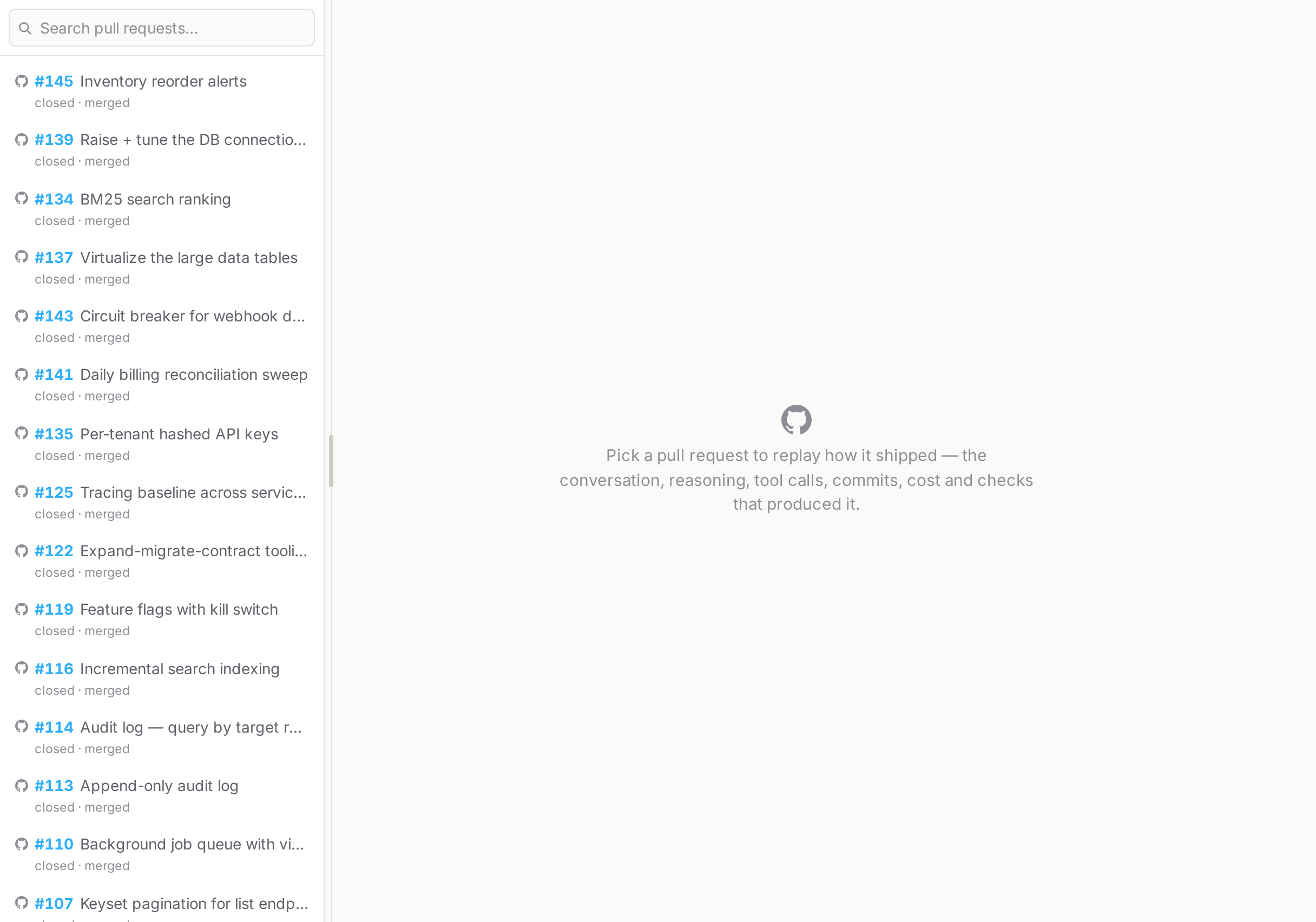 The Trail view: a workspace's shipped deliveries, each with its merged pull request